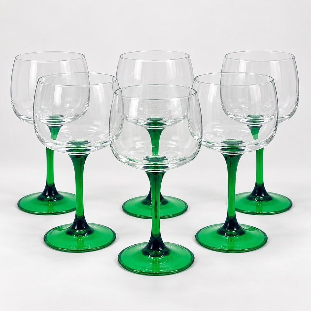 Set Of 6 Vintage Luminarc France Emerald Green Stem Rhine Wine Glasses 7" X 3"